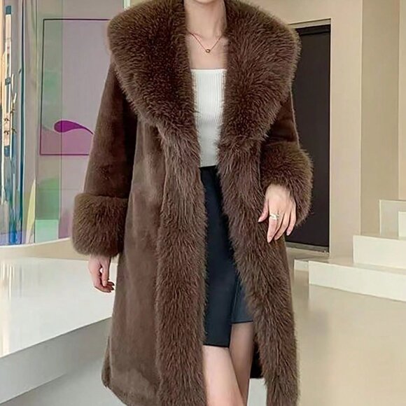 Brown Casual Women's Elegant Faux Fur Collar Jacket - Picture 3 of 8